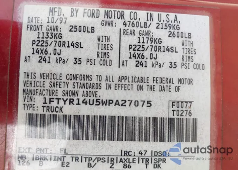 1998 Ford Ranger Splash/Xl/Xlt from USA, damaged, VIN 1FTYR14U5WPA27075